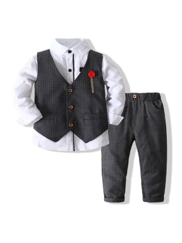 3 Pieces Kid Boy Formal Polka Dots Outfit Shirt & Vest & Pants
