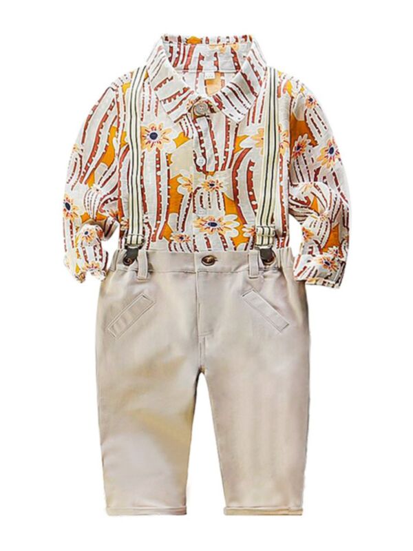 2 Pieces Baby Boy Floral Print Shirt With Suspender Pants Set