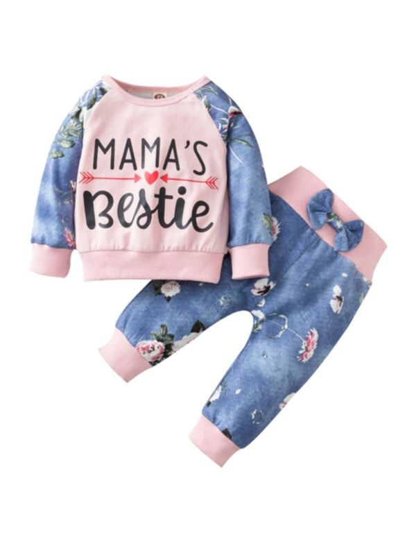 2 Pieces Toddler Girl Mama's Bestie Flower Print Outfit Top Match Trousers 