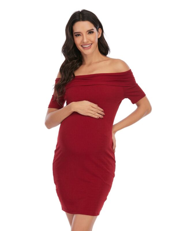 Maternity Solid Color Off-shoulder Dress