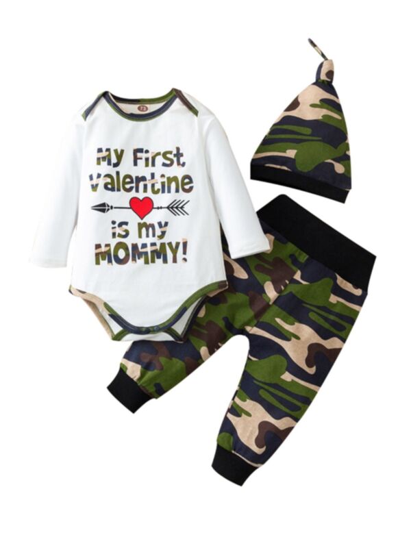 3 Pieces Baby Boy My First Valentine Is My Mommy Bodysuit & Camo Pants & Hat Set