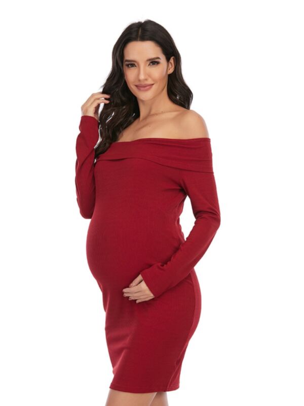 Maternity Solid Color Long Sleeve Off-shoulder Dress