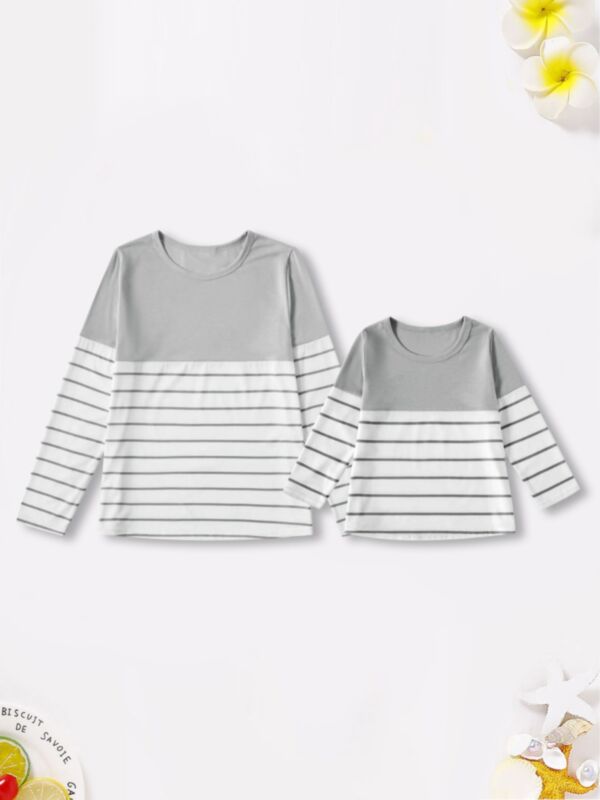 Mom And Girl Round Neck Stripe Color Blocking T-shirt
