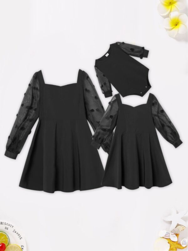 Mommy And Girl Sheer Mesh Puff Sleeve Dress Bodysuit