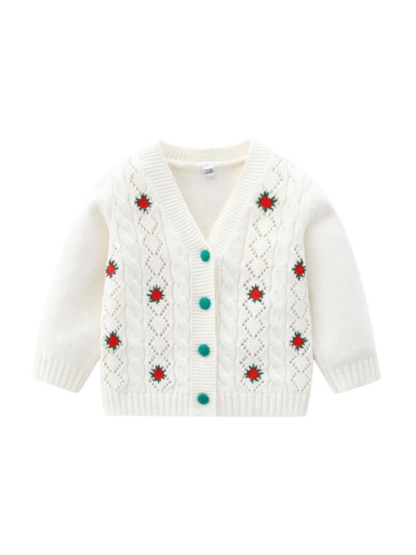 Beige Embroidered Flower Baby Girl Knitted Cardigan