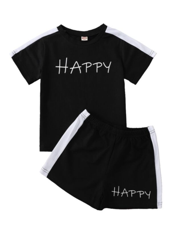 2 Pieces Boy Stripe Side Happy Print Top Matching Shorts Set
