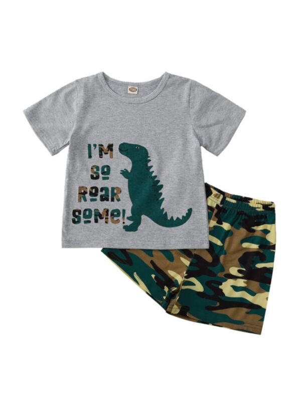 2 Pieces Kid Boy Dinosaur I'm So Roar Some Top With Camo Shorts Set