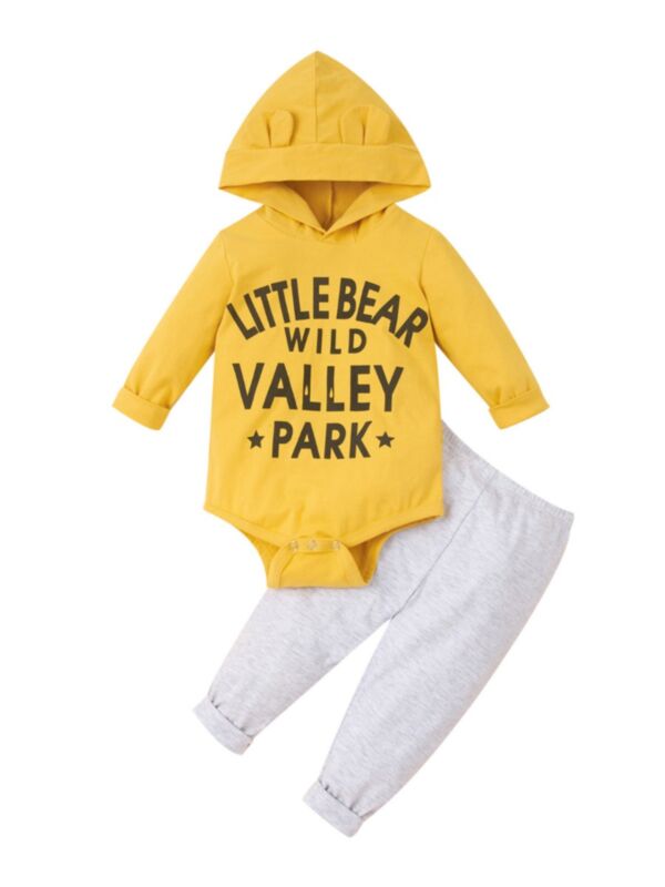 2 Pieces Baby Boy Little Bear Wild Valley Park Hooded Bodysuit With Pants Set