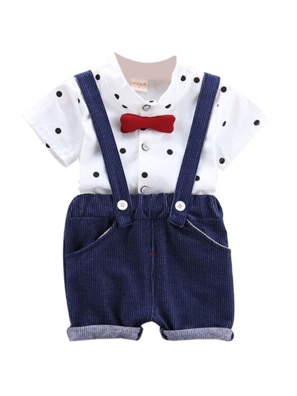 2 PCS Toddler Boy Polka Dots Set Bowtie Shirts And Suspender Shorts