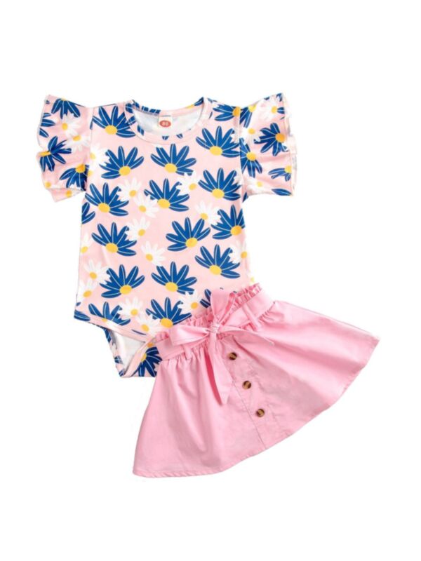 2-Piece Baby Girl Flower Bodysuit With Belted Skirt Set