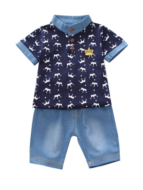 2 Pieces Toddler Boy Crown Print Set Top Matching Denim Shorts