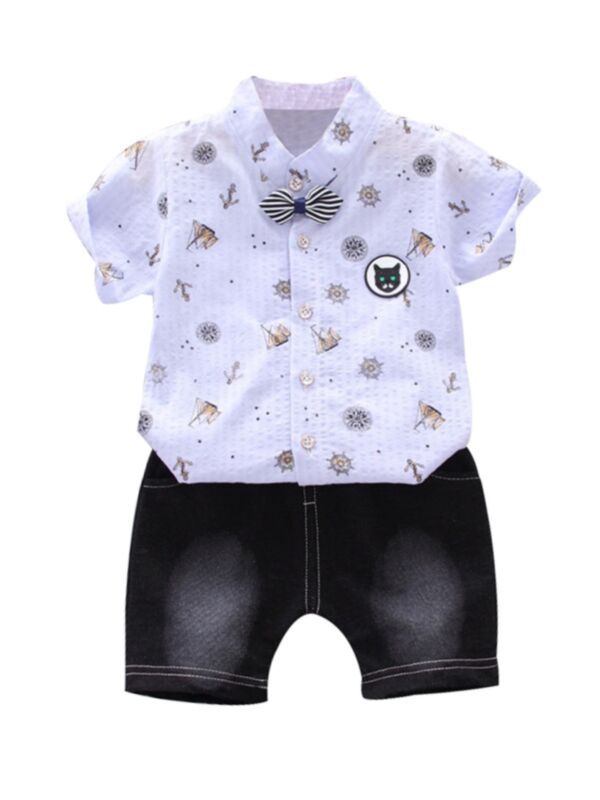 Two-Piece Toddler Boy Print Bowtie Shirt Match Shorts Set