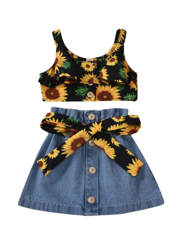 Two Pieces Baby Toddler Girl Sunflower Print Outfit Crop Top Matching Belted Denim Skirt 