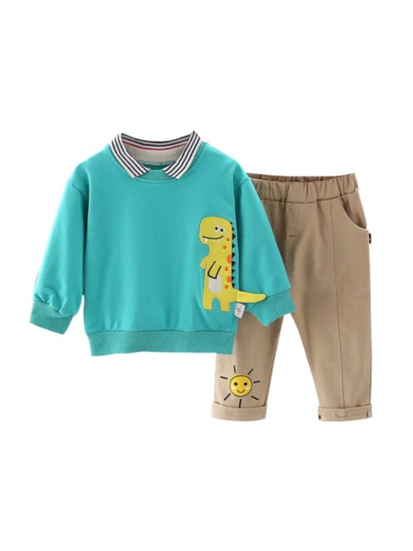 2-Piece Infant Toddler Boy Dinosaur Stripe Collar Top And Sun Print Trousers Set