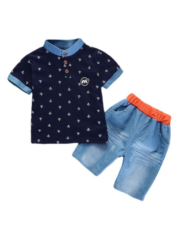 2 Pieces Toddler Kid Boy All-over Print Polo Shirt & Denim Shorts Set