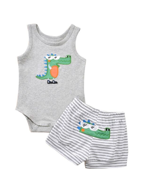 2 Pieces Baby Boy Dinosaur Stripe Set Tank Bodysuit And Shorts