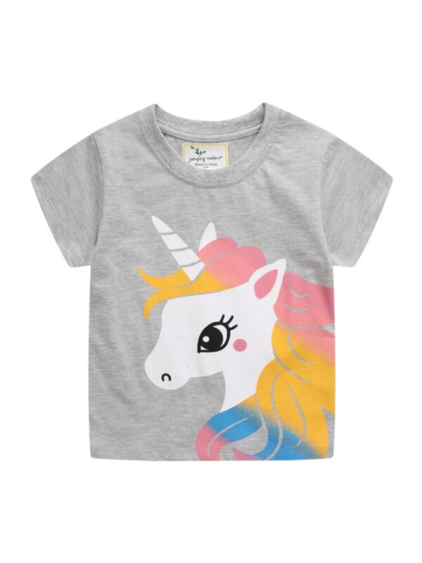 Little Girl Unicorn Print  T-shirt In Gray
