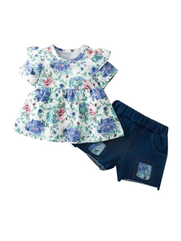 2 Pieces Baby Girl Flower Print Tunic Top And Denim Shorts Set