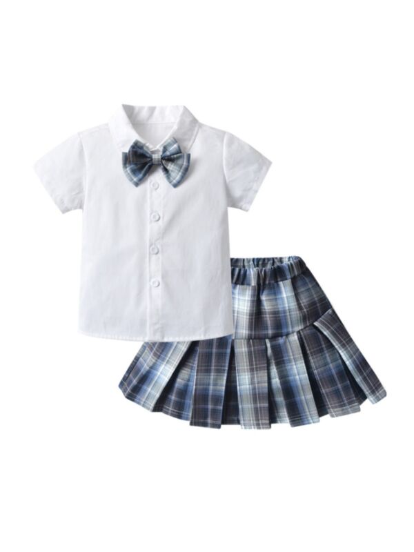 2 Pieces Toddler Girl Bowtie Shirt With Plaid Pleated Skirt Set