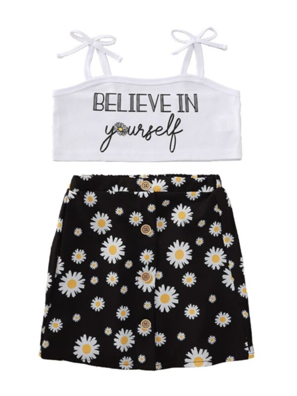 2 Pcs Kid Girl Believe In Yourself Cami Crop Top And Daisy Flower Skirt Set