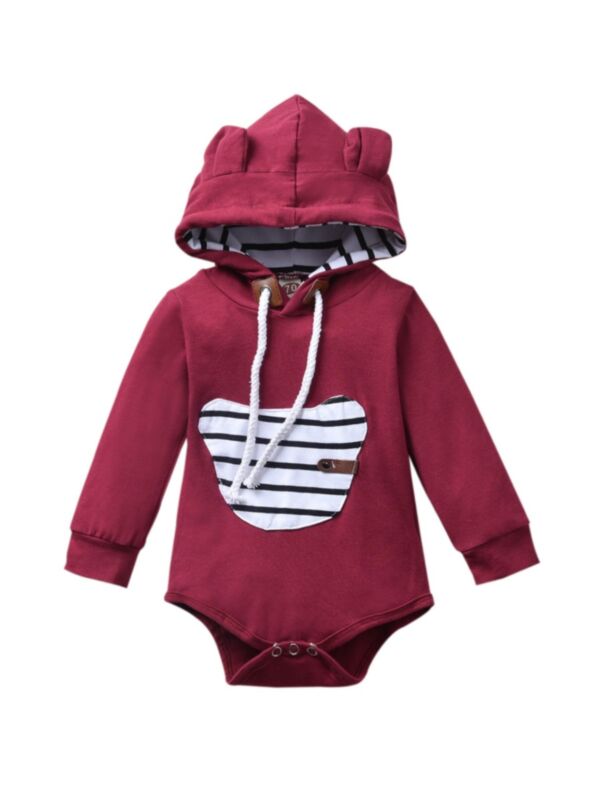 Infant Cartoon Bear Stripe Hooded Sweatshirt Bodysuit