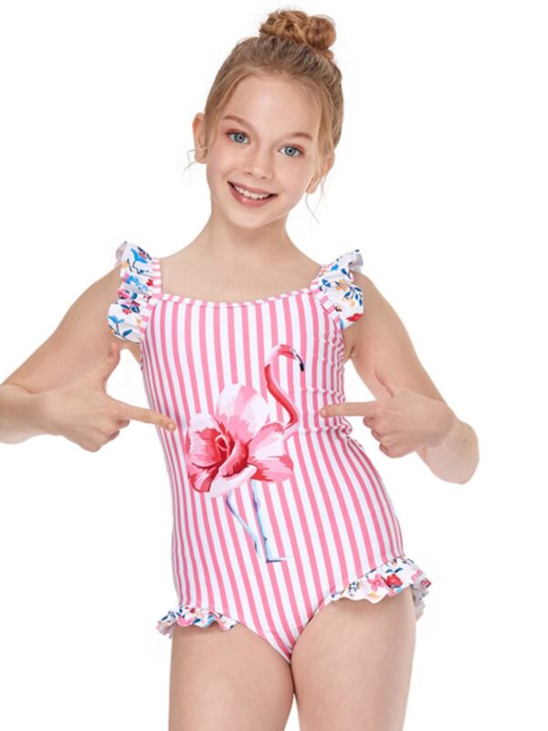 Kid Girl Flamingo Stripe One Piece Swimsuit