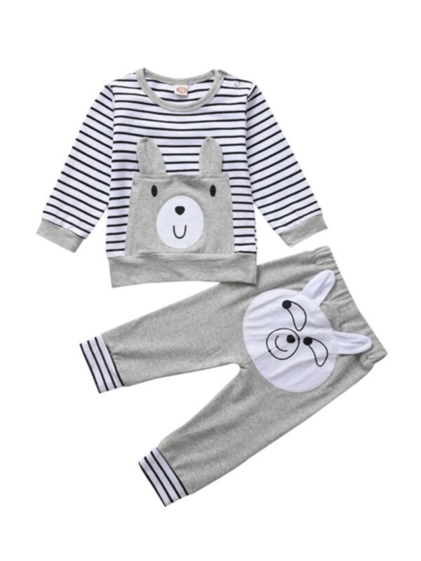 2 Pieces Baby Toddler Stripe Bear Set Top And Pants