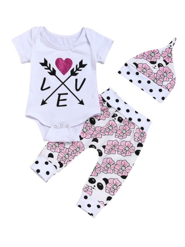3 Pieces Baby Girl Love Heart Bodysuit & Floral Pants & Hat Set