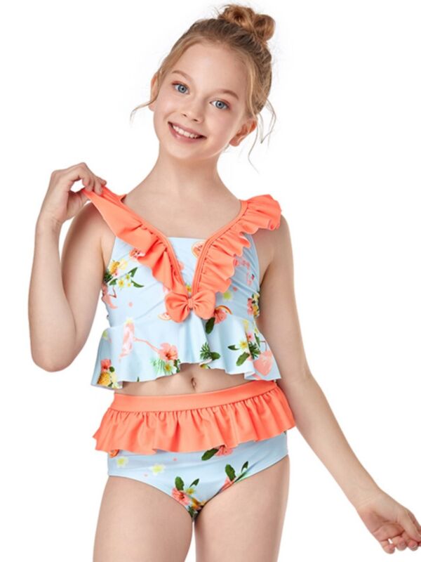  Kid Girl Flower Print Ruffle Trim Two Pieces Swimsuit Set