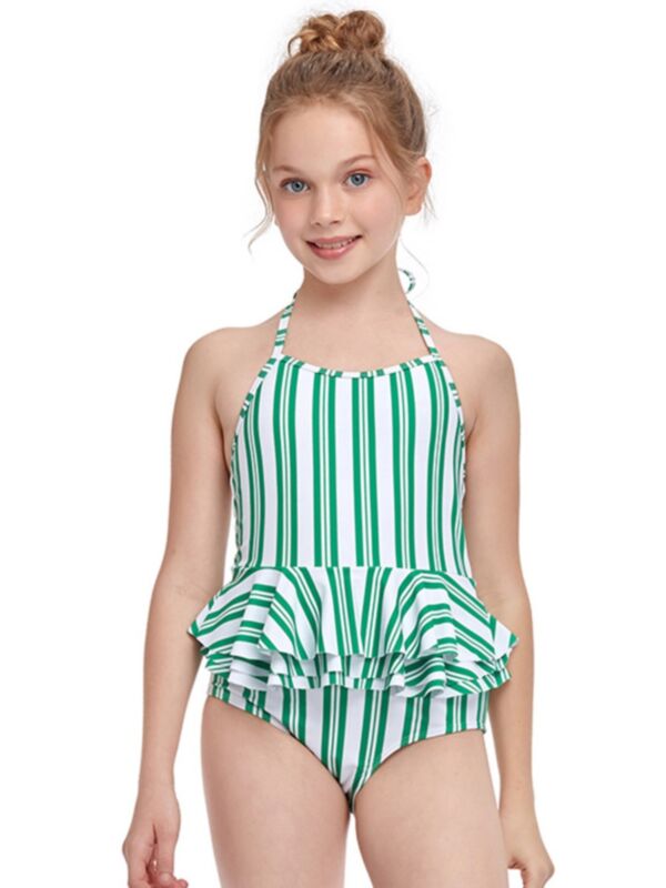 Kid Girl Halter Neck Peplum Striped One Piece Swimsuit