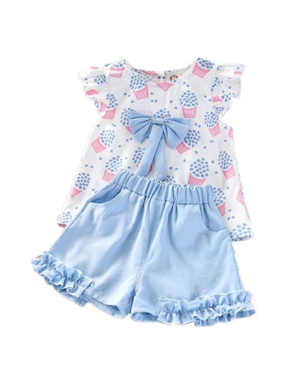 2 Pcs Kid Girl Ice Cream Print Bow Flutter Sleeve Top With Shorts Set