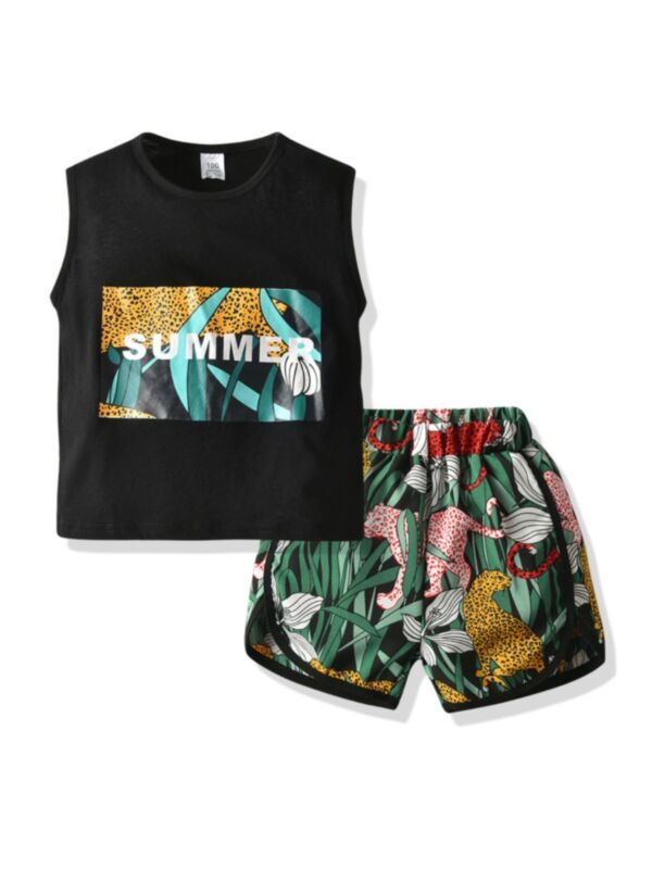 Two Pieces Kid Boy Plant Leopard Pattern Set Summer Tank Top & Shorts 