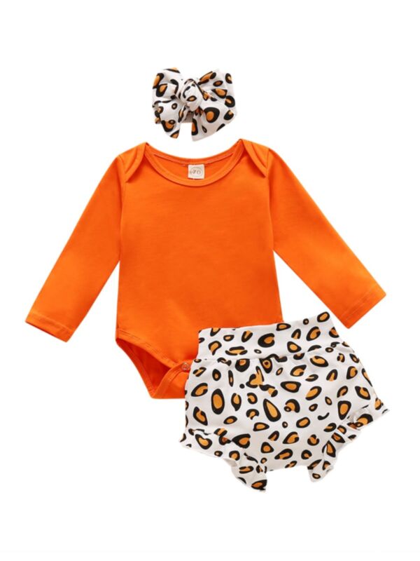 3 Pieces Baby Girl Orange Bodysuit & Leopard Shorts & Headband Set 