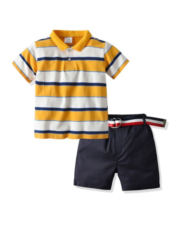 2 PCS Stripe Polo Shirt Matching Belted Shorts Set For Kid Boy