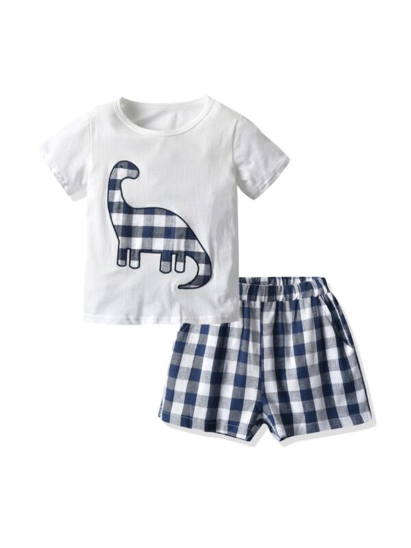 Two Pieces Toddler Kid Boy Dinosaur Top & Plaid Shorts Homewear Set