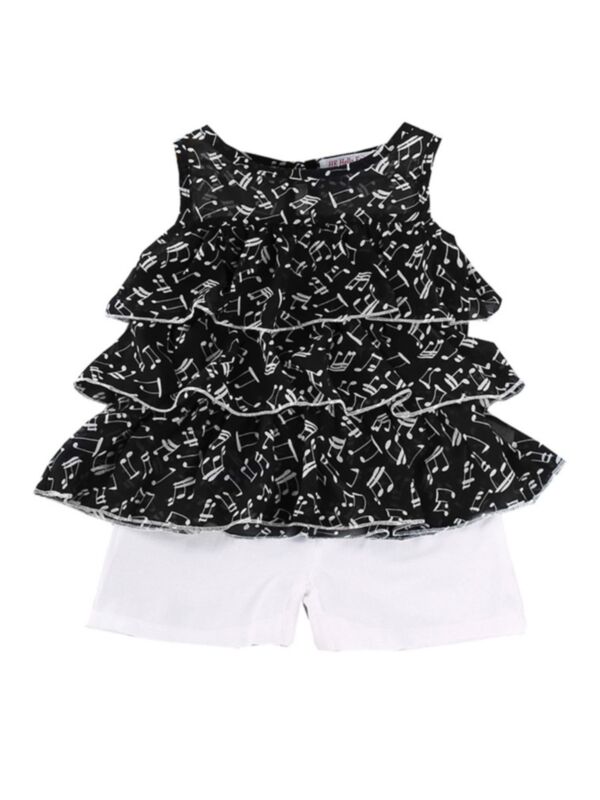 Two Pieces Kid Girl Ruffle Trim Music Print Tank Top With Shorts Set