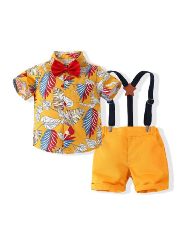 Two Pieces Baby Toddler Boy Leaves Pattern Gentleman Set Bow Shirt Matching Suspender Shorts