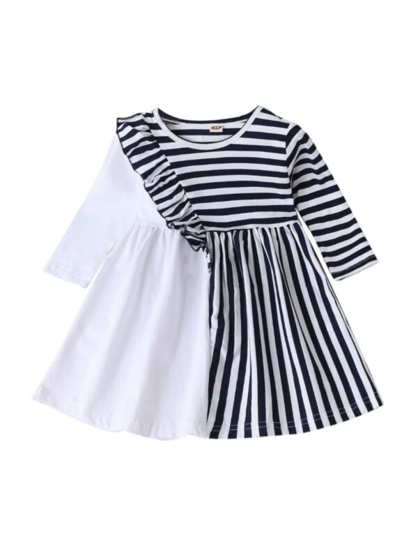 Little Girl Ruffled Trim Stripe Color Blocking Dress