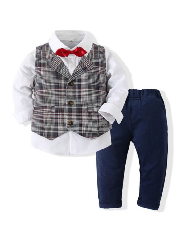 Three Pieces Gentleman Boy Suits Bowite Shirt & Check Vest & Pants