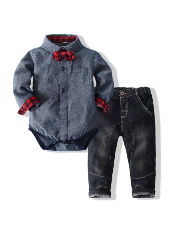 2 Pieces Baby Boy Bowtie Plaid Bodysuit Match Jeans Set