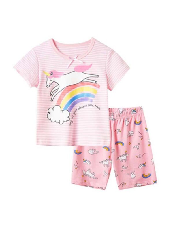 Two-Piece Kid Girl Rainbow Unicorn Pajamas Set Top With Shorts