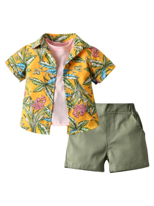 3-Piece Toddler Boy Plant Pattern Set Solid Color Tee & Leaves Shirt & Shorts