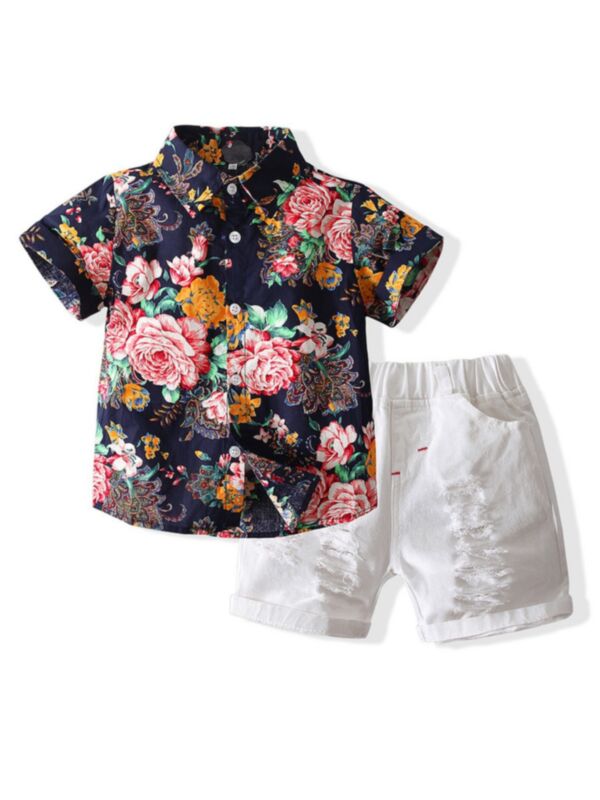 2 Pieces Kid Boy Flower Hawaii Shirt And Distressed Shorts Set