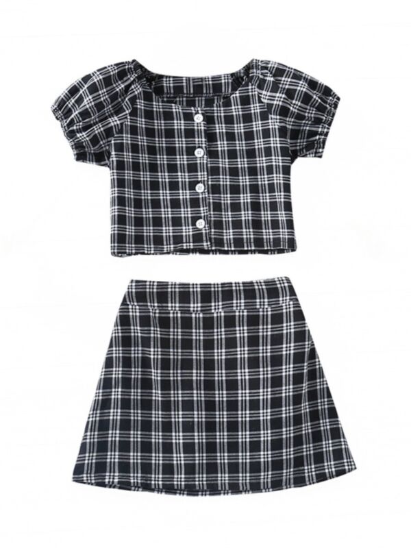 2 PCS Kid Girl Check Set Off Shoulder Button Top And Skirt