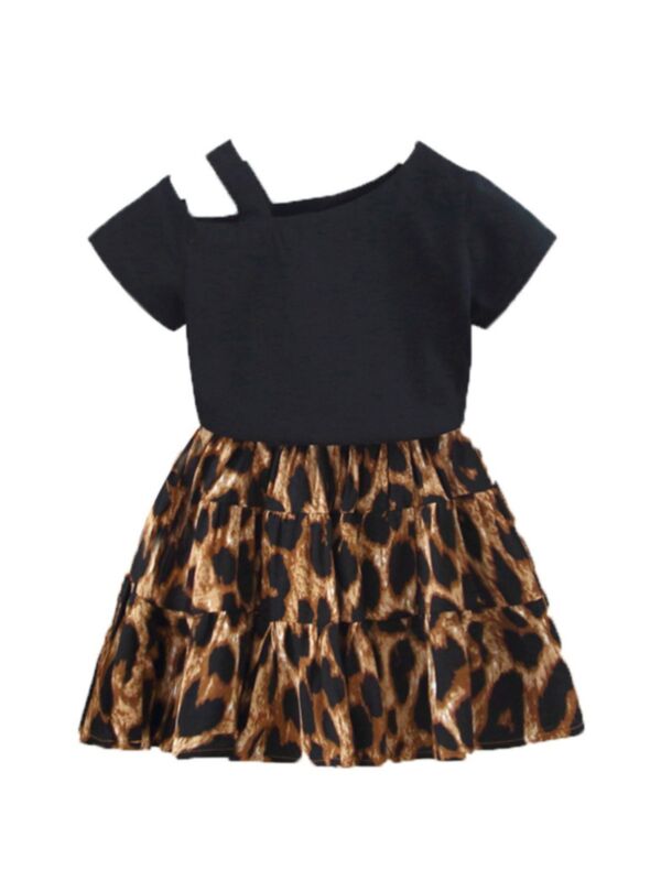 2 Pieces Little Girl Cut Out Shoulder Top And Leopard Skirt Set