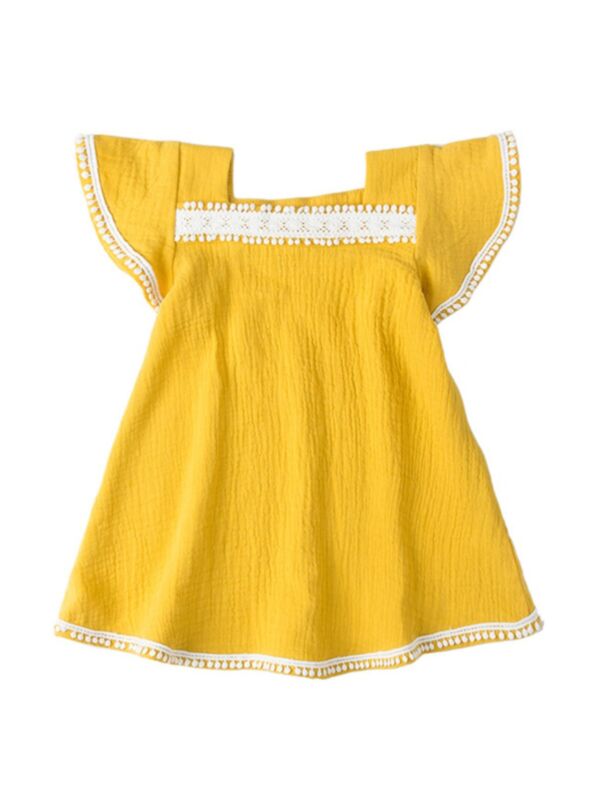 Toddler Kid Girl Pom Pom Trim Solid Color Flutter Sleeve Dress