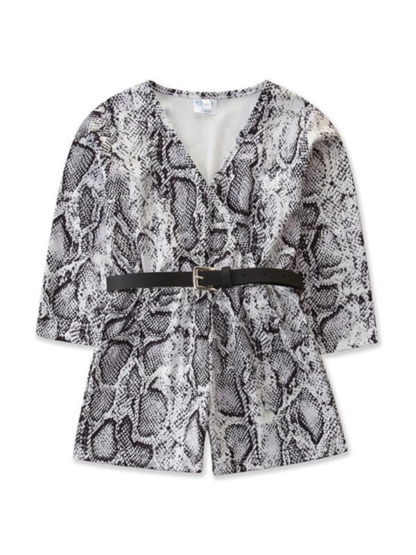 Kid Girl Snake Skin Print Belted Romper