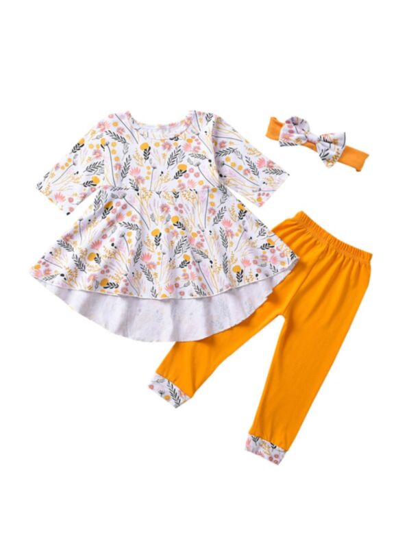 3 Pieces Toddler Girl Floral Print Tunic Top & Pants & Headband Set