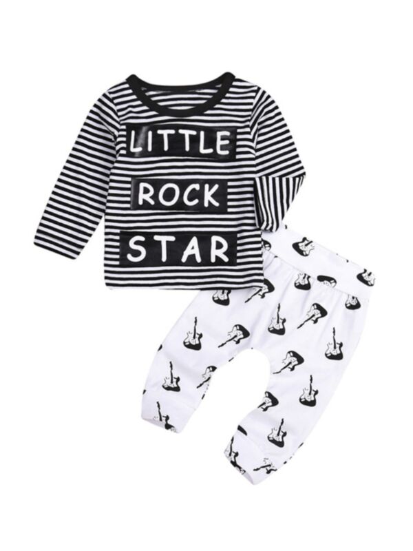 2 Pieces Baby Stripe Set Little Rock Star Top Matching Guitar Print Pants Set