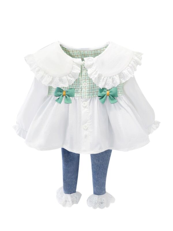 2 Pieces Toddler Girl Doll Collar Bow Trim Plaid Blouse With Lace Hem Jeans Set
